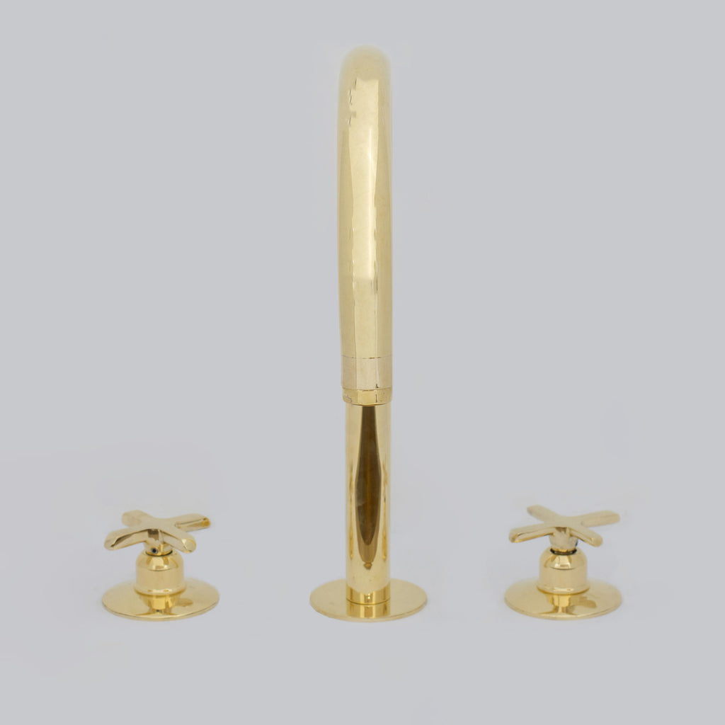 Unlacquered Brass Widespread Kitchen Faucet, Solid Brass 3-Holes Deck Mount Faucet, Simple Cross Handles