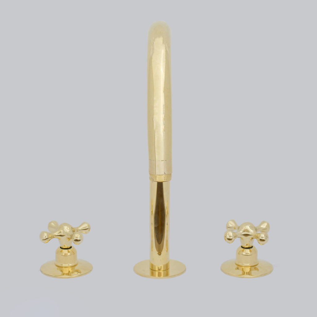 Unlacquered Brass Widespread Kitchen Faucet, Solid Brass 3-Holes Deck Mount Faucet, Simple Cross Handles
