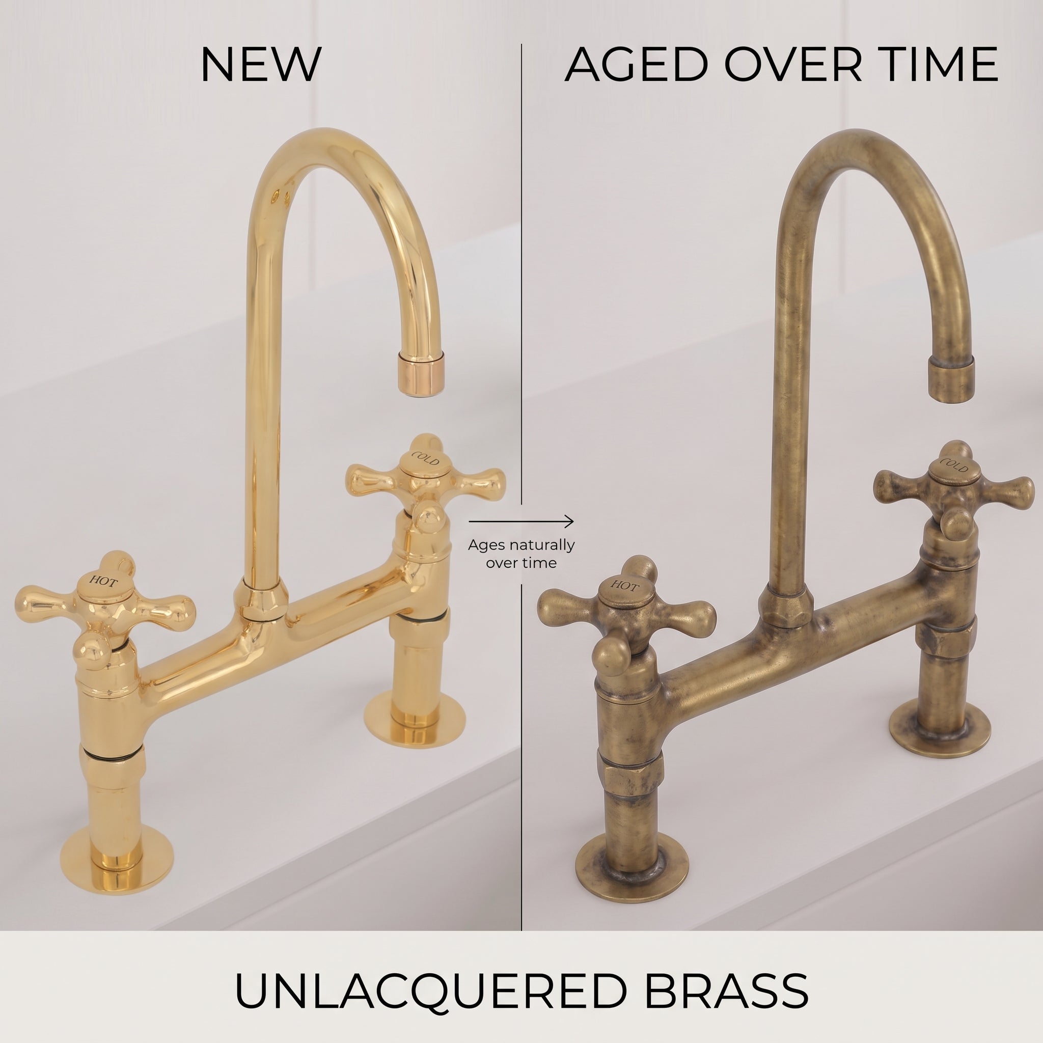 Unlacquered brass bridge faucet shown new and polished on the left, and aged over time with a warm antique patina on the right