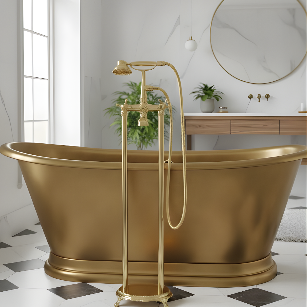 Unlacquered Brass Freestanding Tub Filler, Solid Brass Tub Faucet With Handheld, Floor Mount Bathtub Faucet
