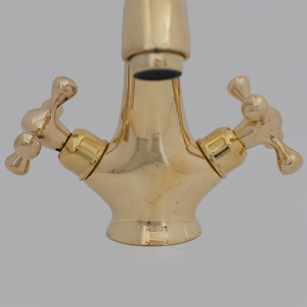 Single-Hole Unlacquered Brass Bathroom Sink Vanity Faucet with Double Simple Cross Handles