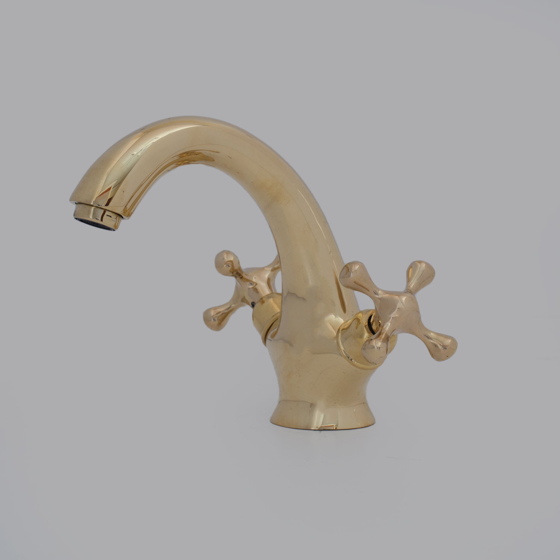 Single-Hole Unlacquered Brass Bathroom Sink Vanity Faucet with Double Simple Cross Handles