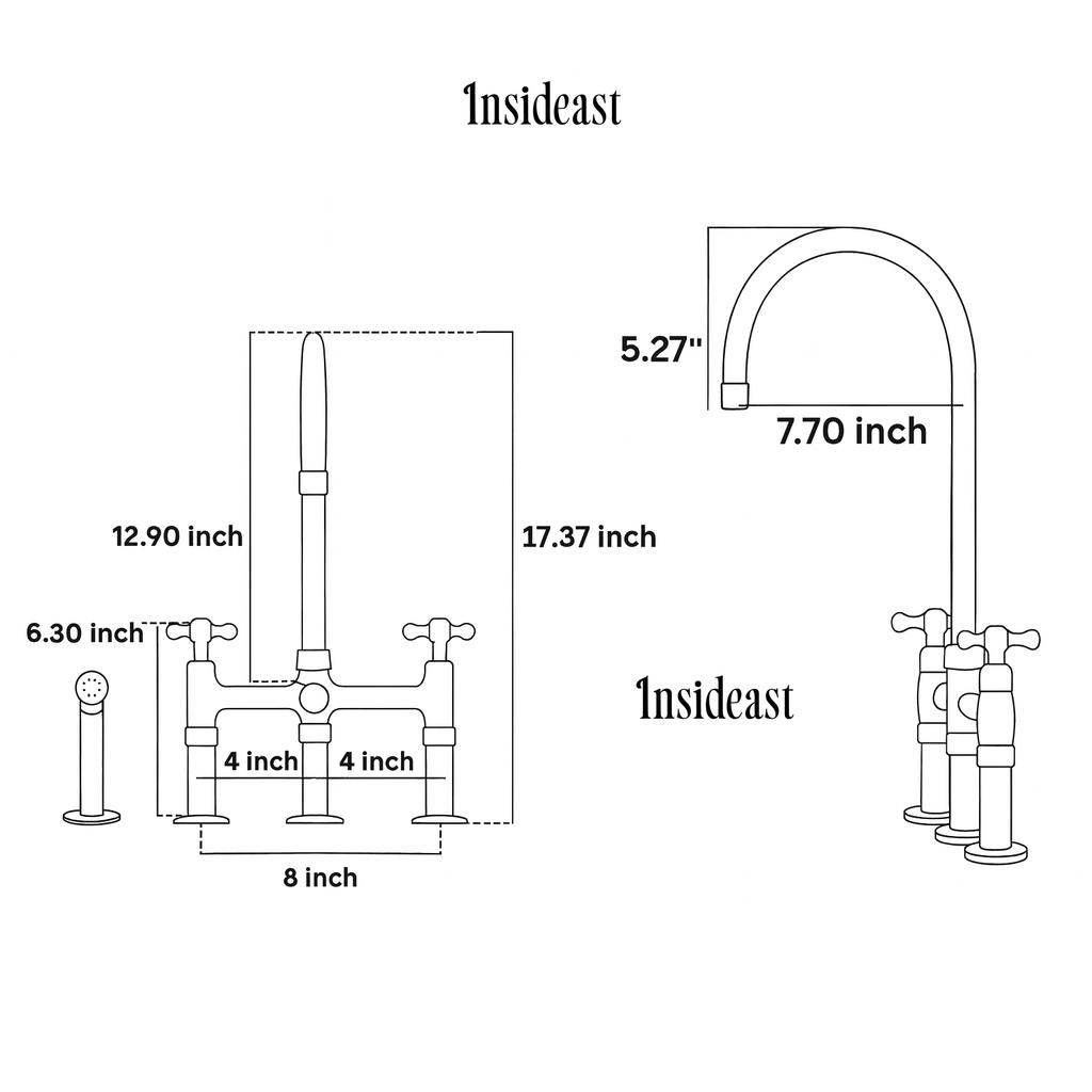 Unlacquered Brass 3-Hole Bridge Faucet With Sprayer, 3 Legs Faucet, Deck Mount Kitchen Faucet