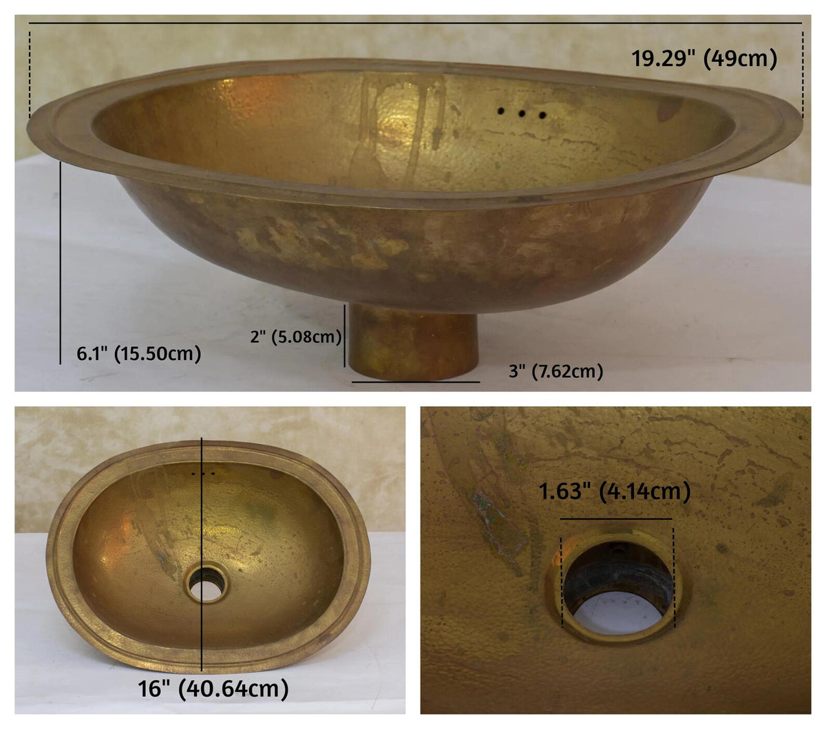 Vintage Hammered Brass Drop-in Sink, Bathroom Sink, Oval Basin, Brass Oval Sink