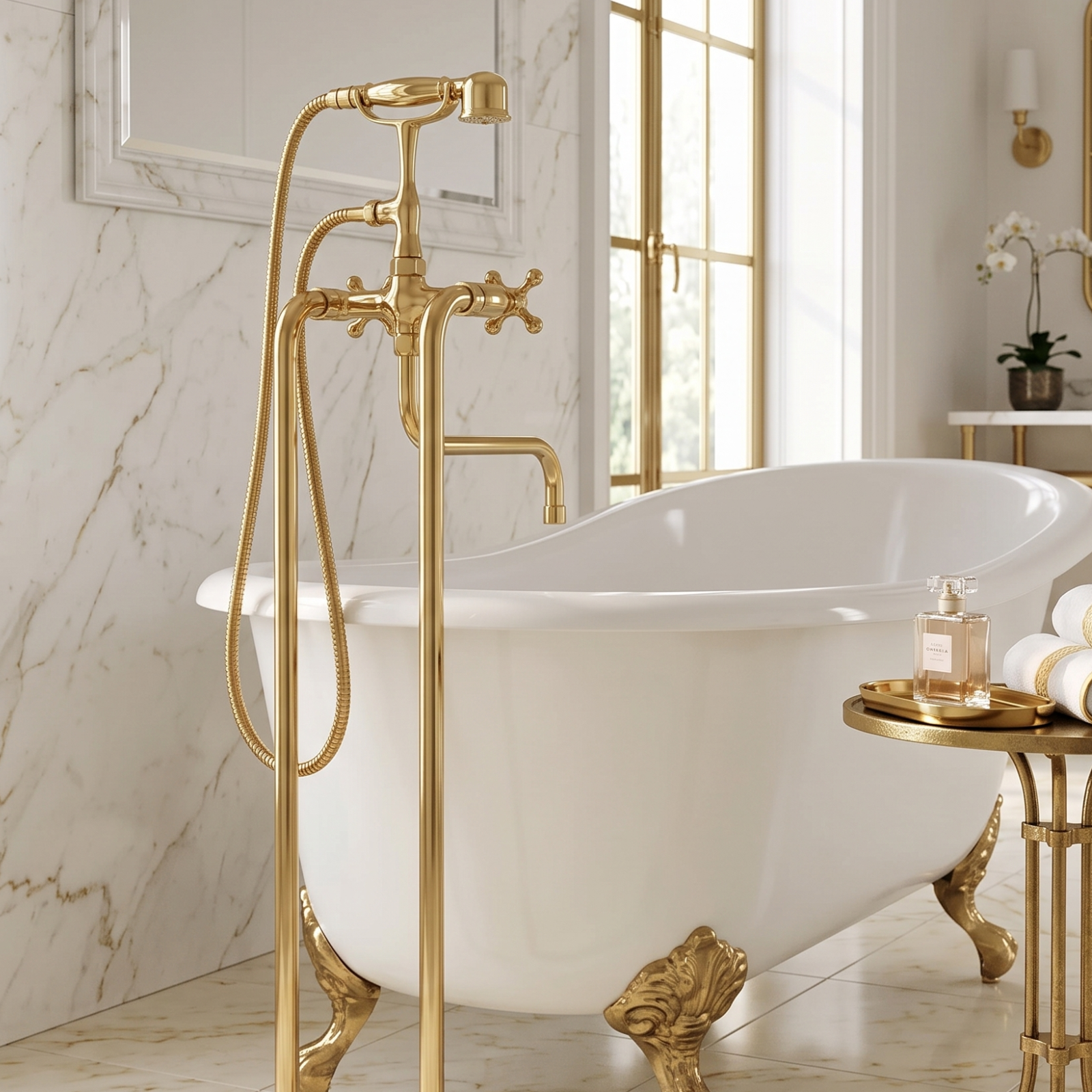Vintage Solid Brass Freestanding Tub Filler, Hand Shower, Clawfoot Faucet, Victorian Fixture