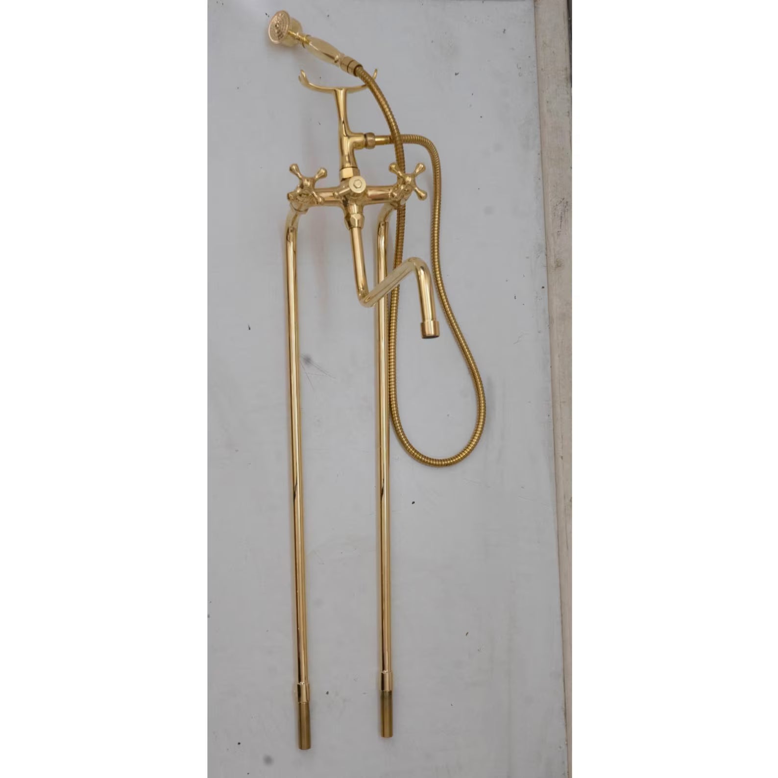 Vintage Solid Brass Freestanding Tub Filler, Hand Shower, Clawfoot Faucet, Victorian Fixture