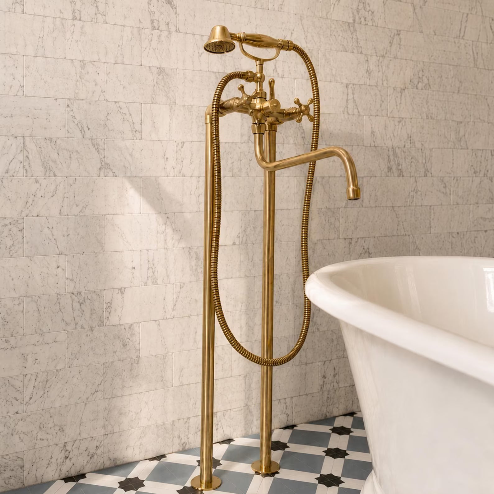 Vintage Solid Brass Freestanding Tub Filler, Hand Shower, Clawfoot Faucet, Victorian Fixture