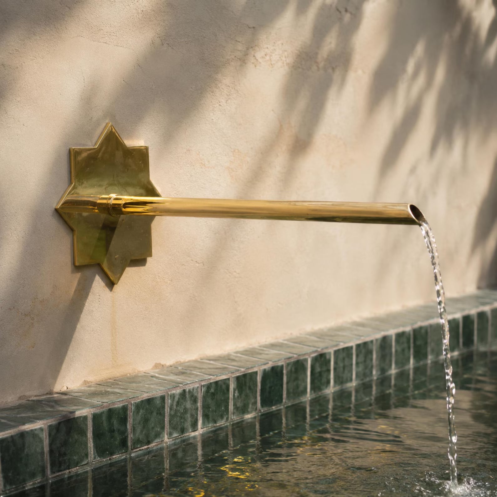 Wall-Mounted Tub Filler Faucet, Solid Brass Waterfall Spout, Handmade Moroccan Design