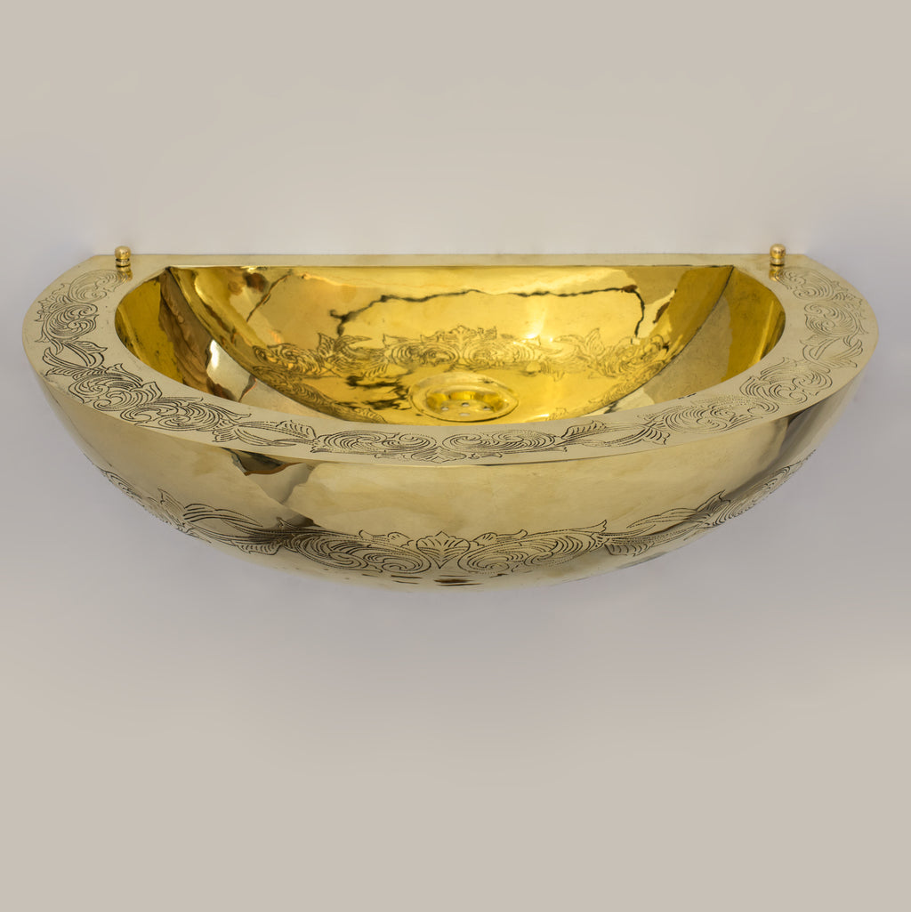 Unlacquered Brass Wall Hung Basin, Engraved Wall-Mounted Bathroom Sink