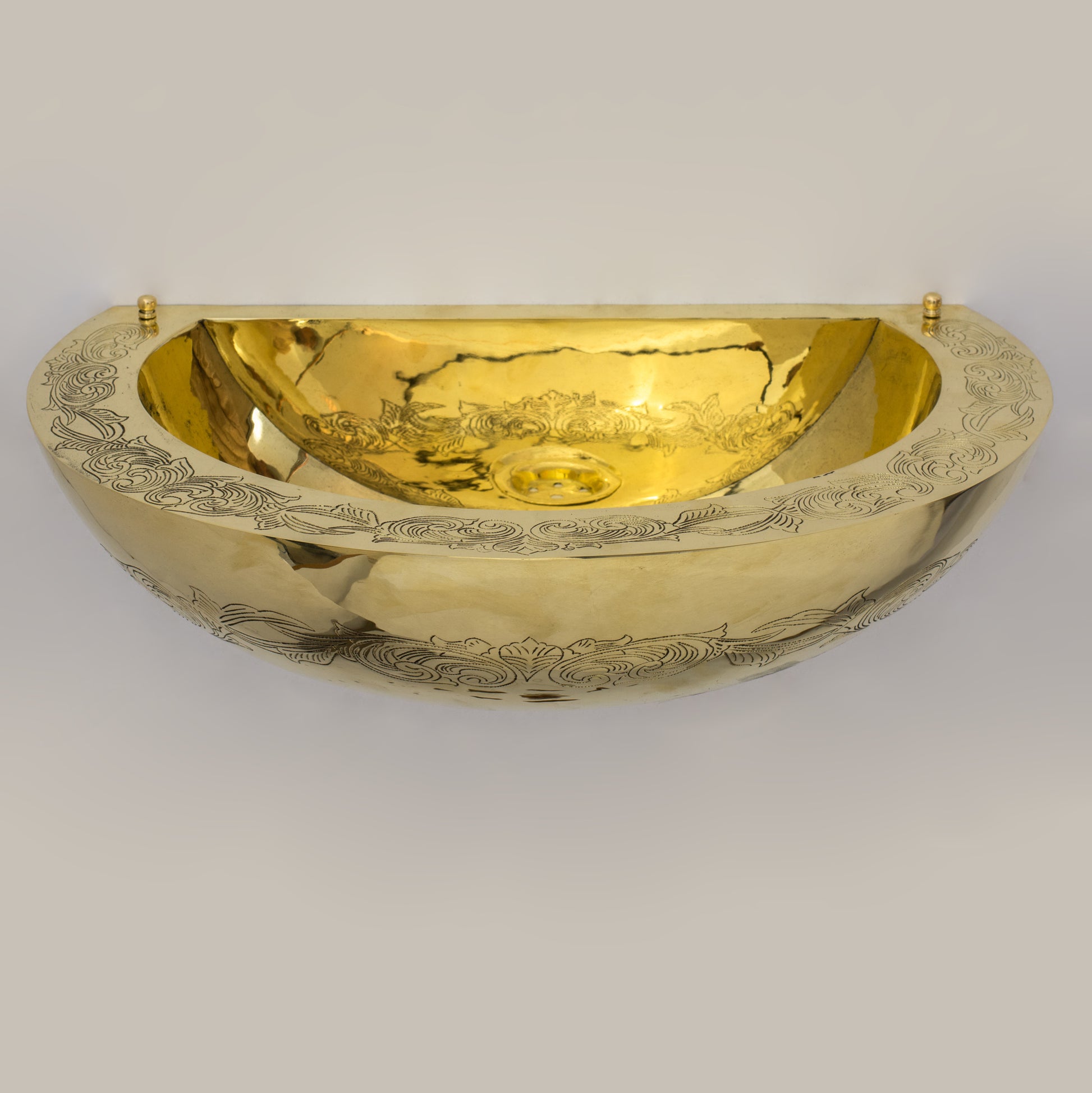 Unlacquered Brass Wall Hung Basin, Engraved Wall-Mounted Bathroom Sink