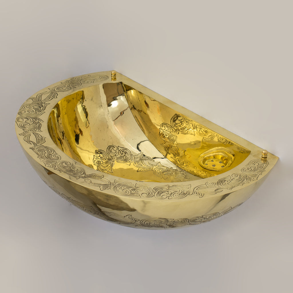 Unlacquered Brass Wall Hung Basin, Engraved Wall-Mounted Bathroom Sink