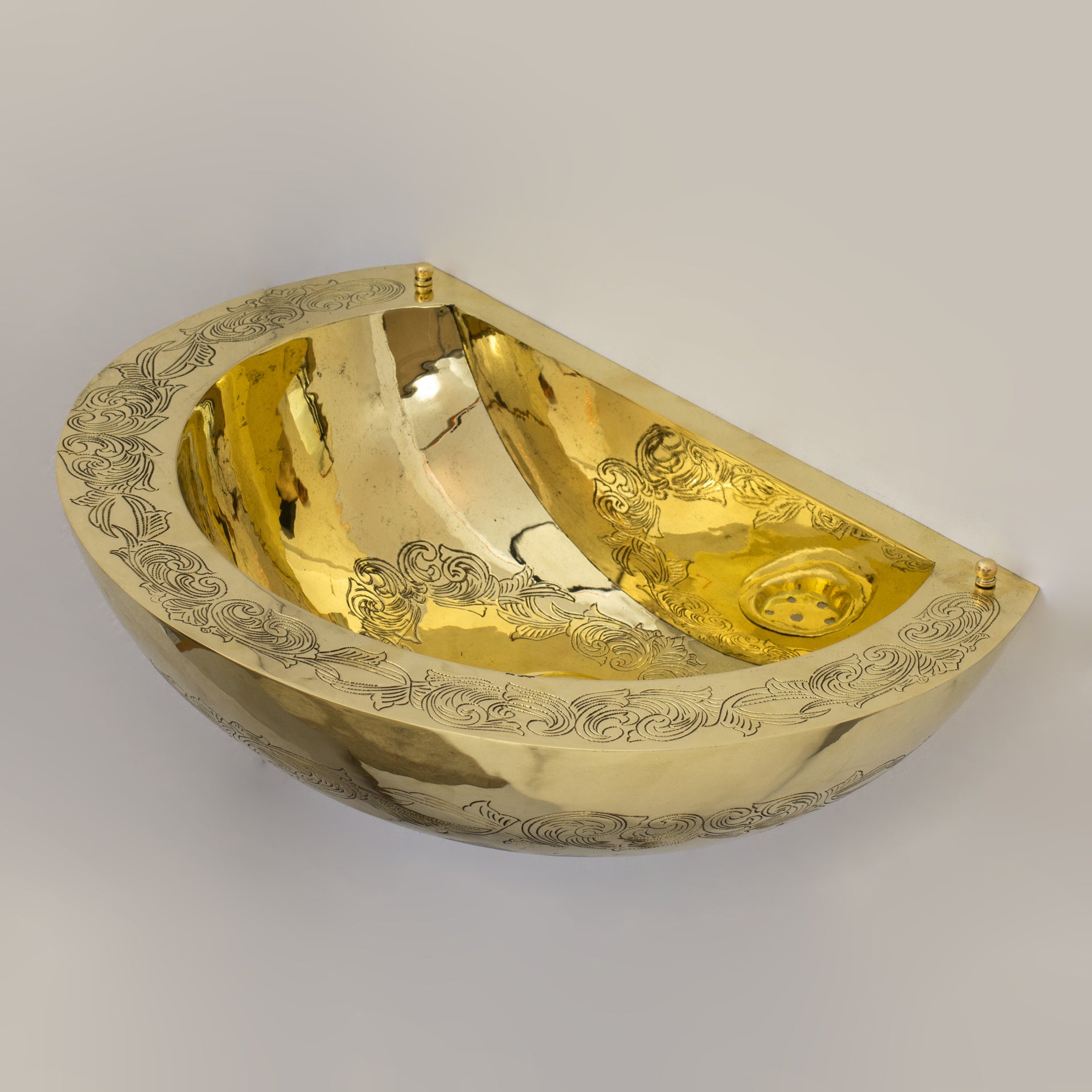 Unlacquered Brass Wall Hung Basin, Engraved Wall-Mounted Bathroom Sink