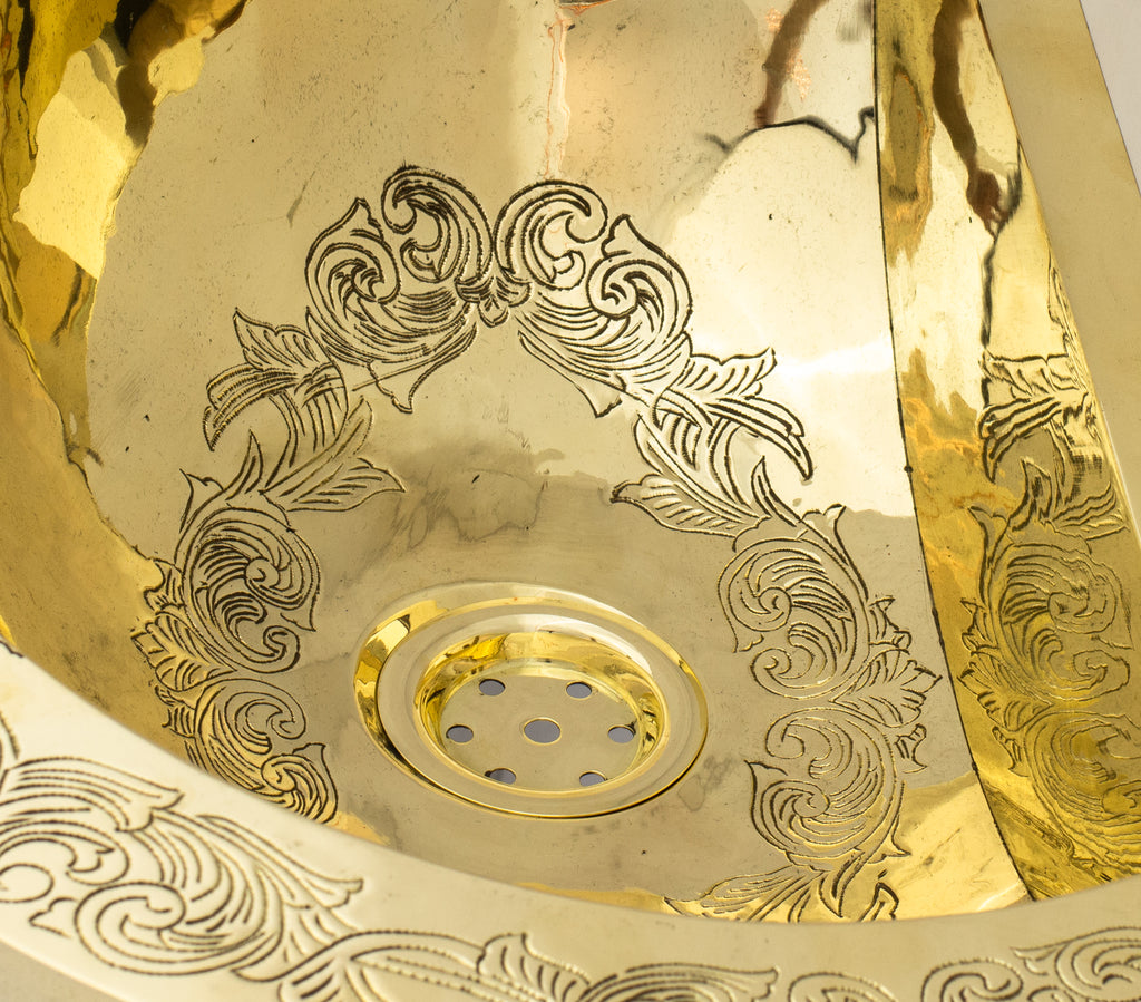 Unlacquered Brass Wall Hung Basin, Engraved Wall-Mounted Bathroom Sink