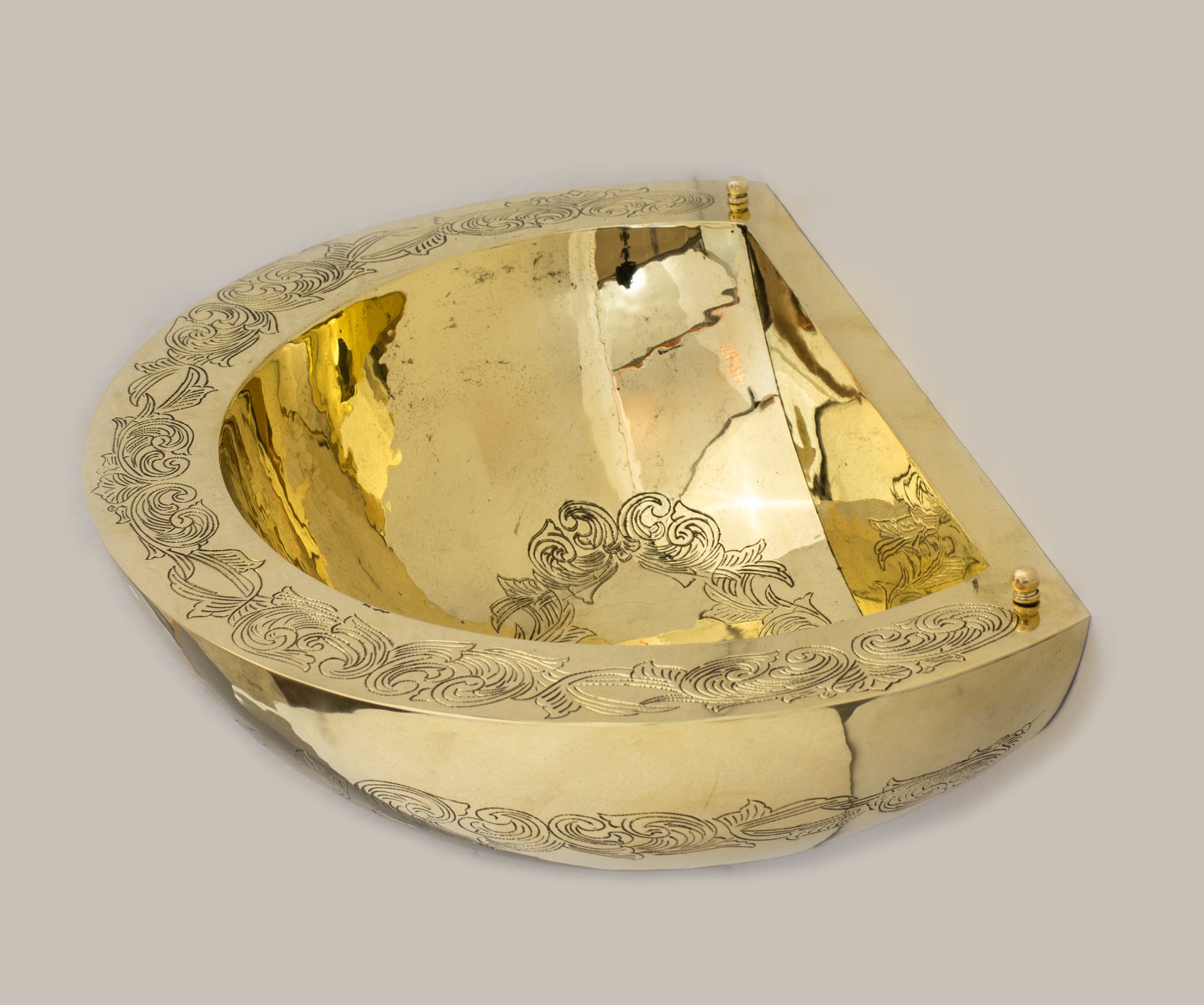 Unlacquered Brass Wall Hung Basin, Engraved Wall-Mounted Bathroom Sink