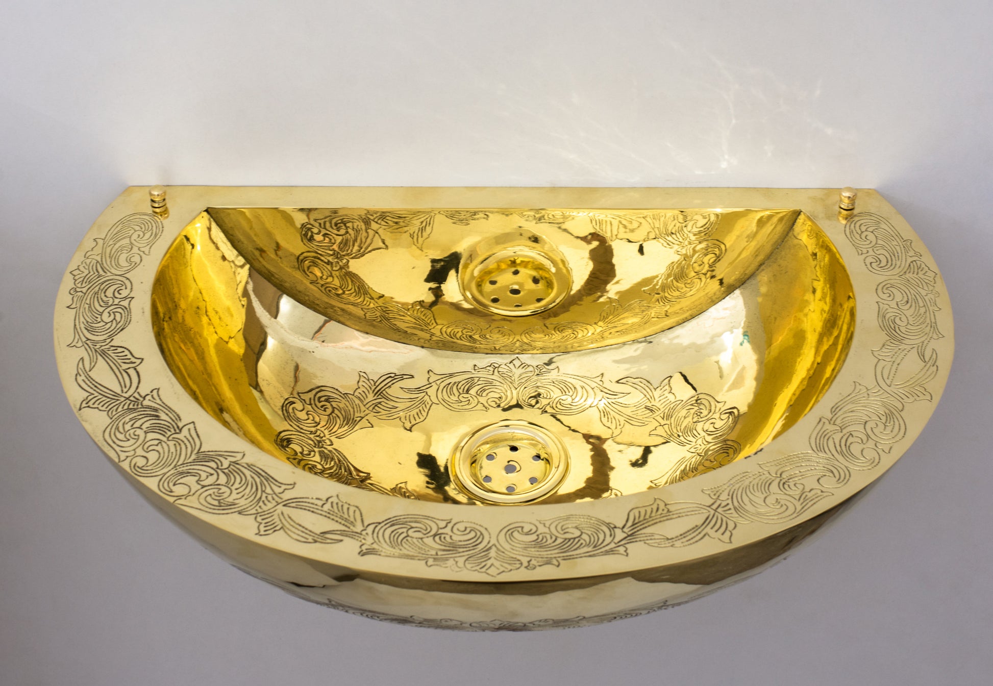 Unlacquered Brass Wall Hung Basin, Engraved Wall-Mounted Bathroom Sink