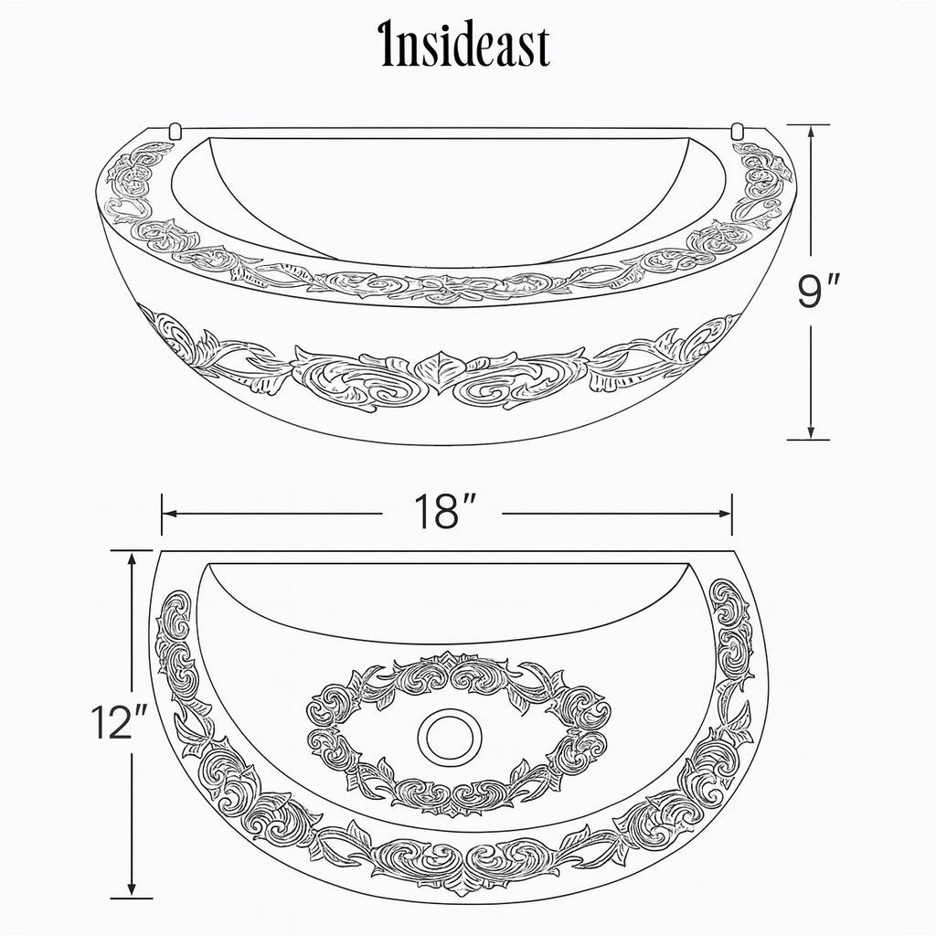 Unlacquered Brass Wall Hung Basin, Engraved Wall-Mounted Bathroom Sink