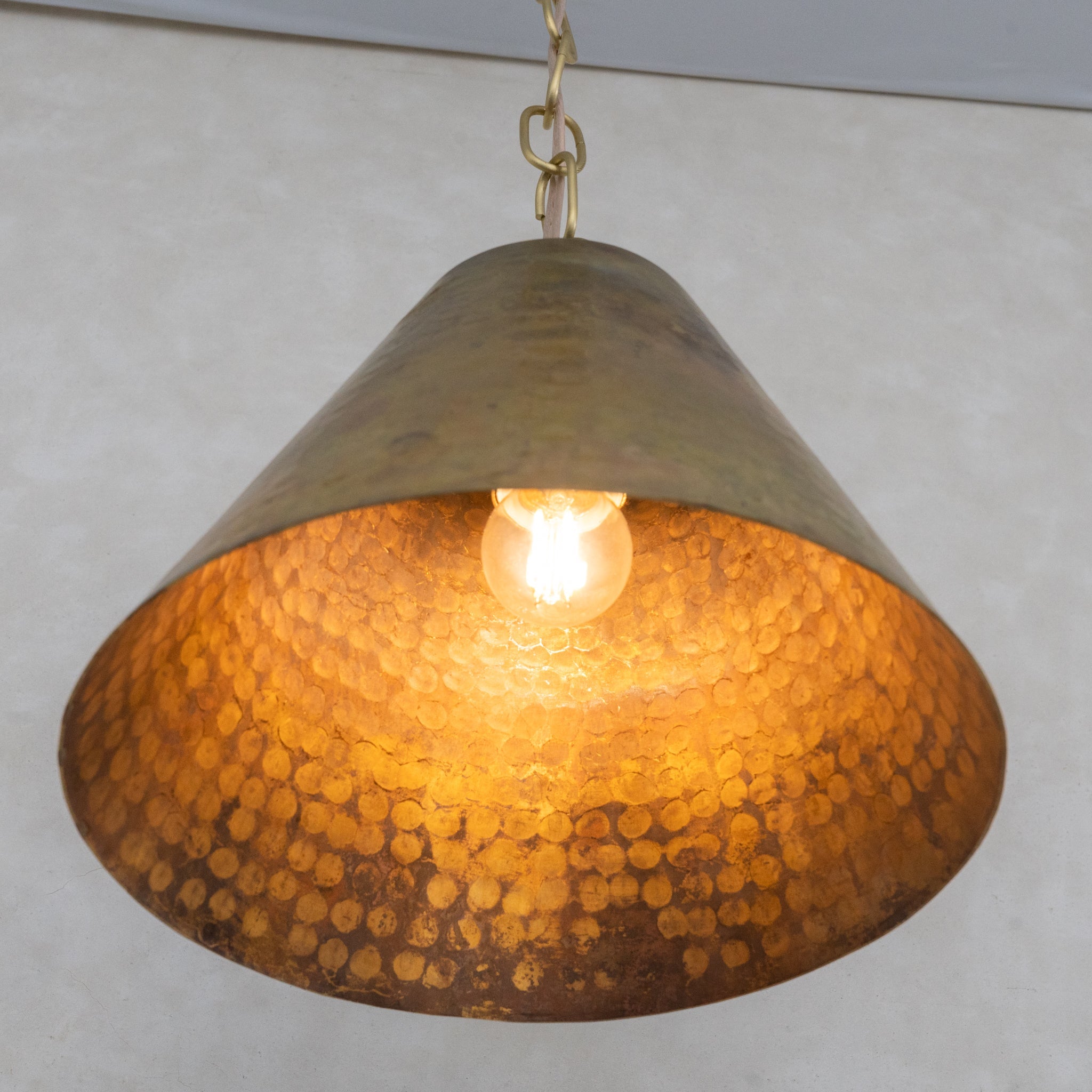 Aged Brass Cone Pendant Light - Industrial Hand - Hammered Tapered Lamp - Insideast