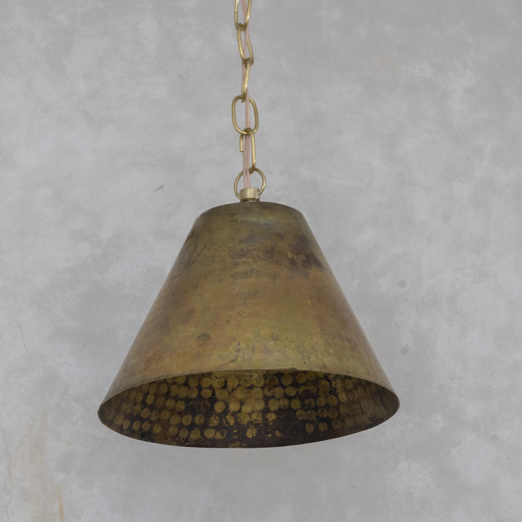 Aged Brass Cone Pendant Light - Industrial Hand - Hammered Tapered Lamp - Insideast