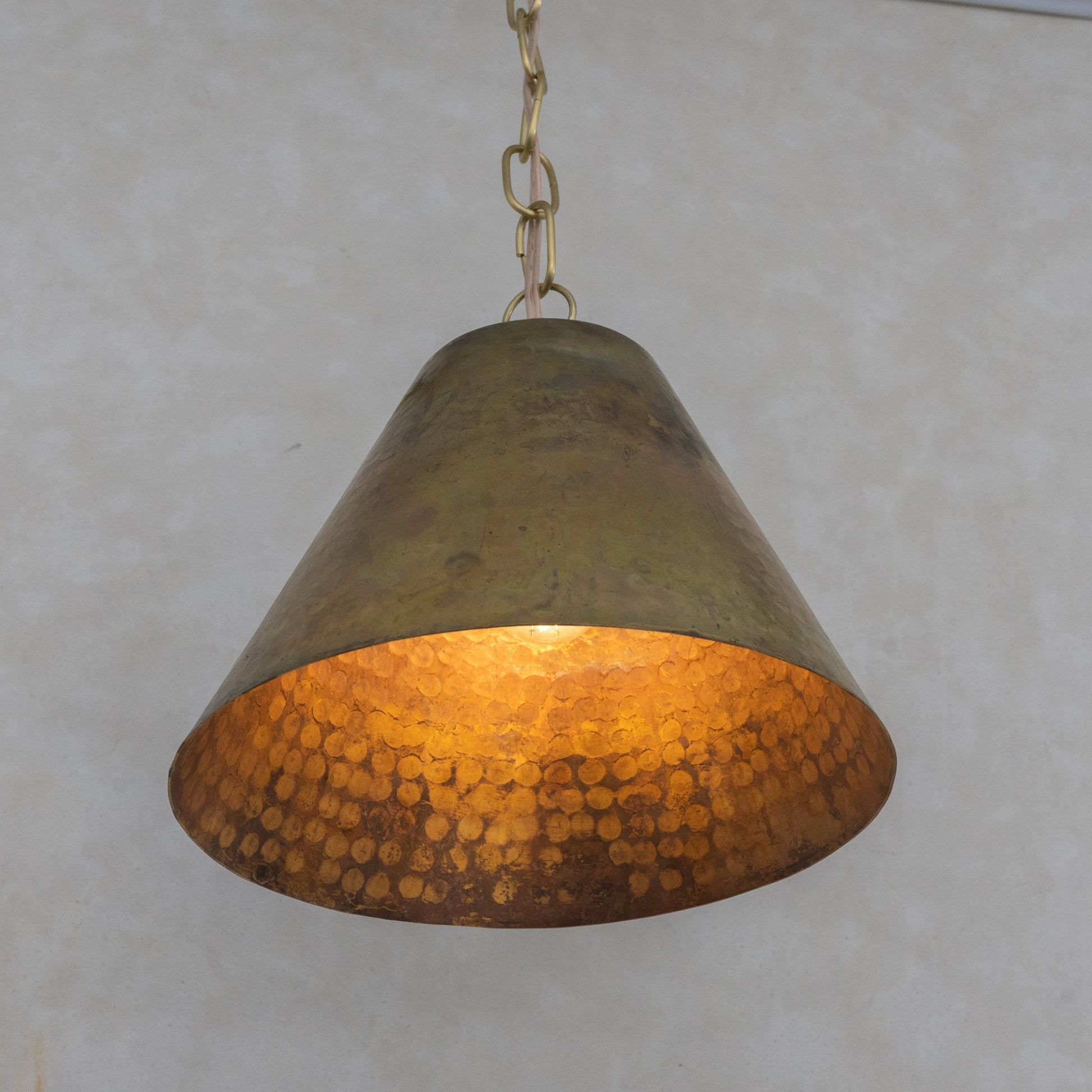 Aged Brass Cone Pendant Light - Industrial Hand - Hammered Tapered Lamp - Insideast