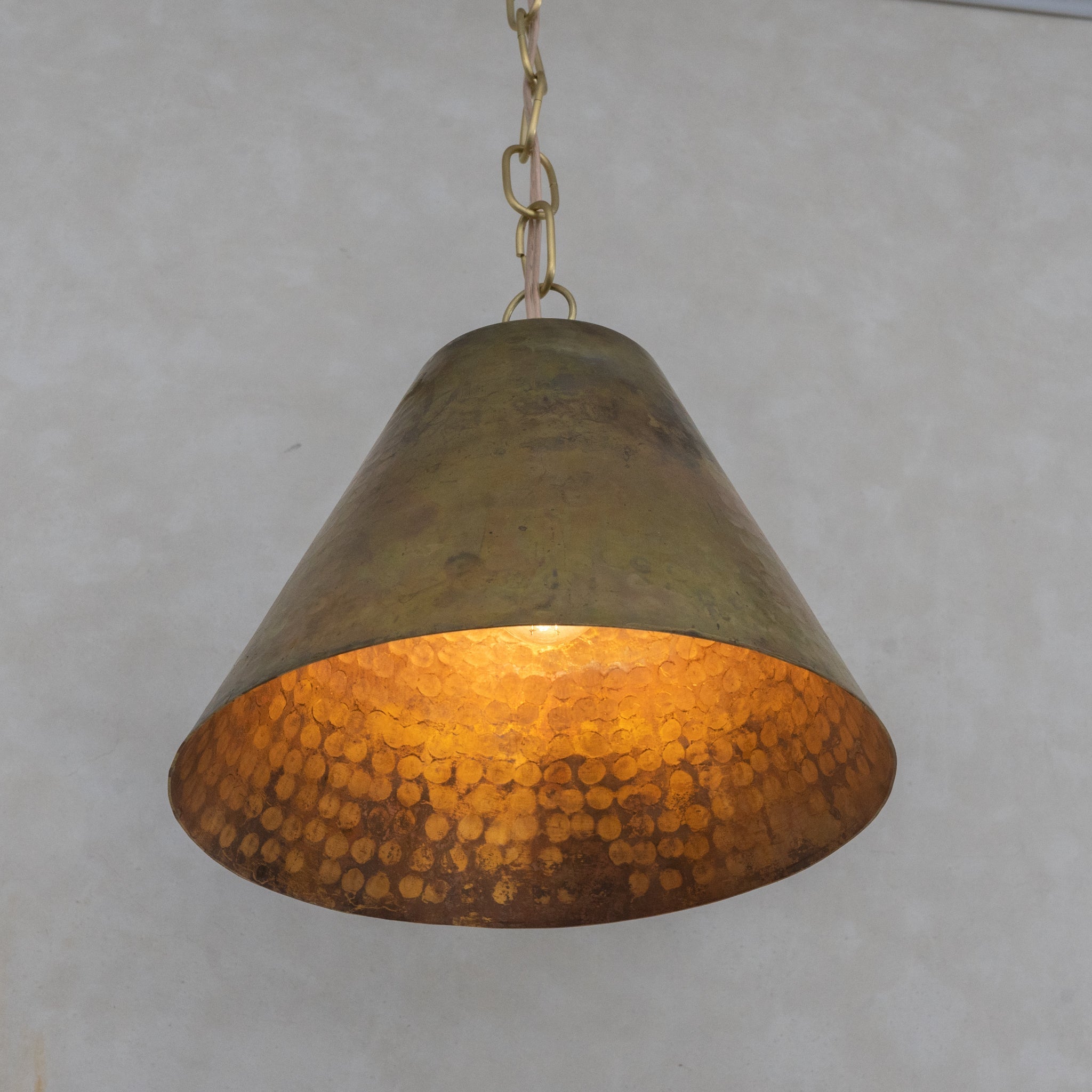 Aged Brass Cone Pendant Light - Industrial Hand - Hammered Tapered Lamp - Insideast
