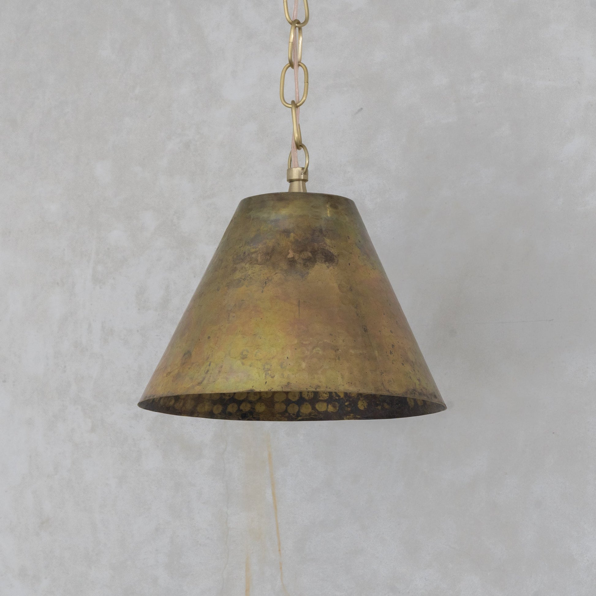 Aged Brass Cone Pendant Light - Industrial Hand - Hammered Tapered Lamp - Insideast