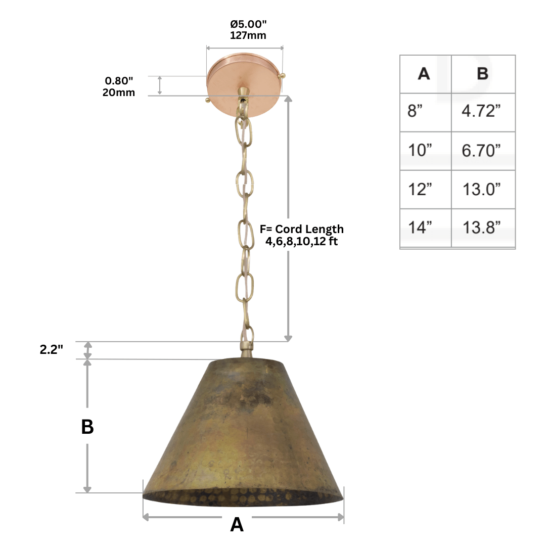 Aged Brass Cone Pendant Light - Industrial Hand - Hammered Tapered Lamp - Insideast