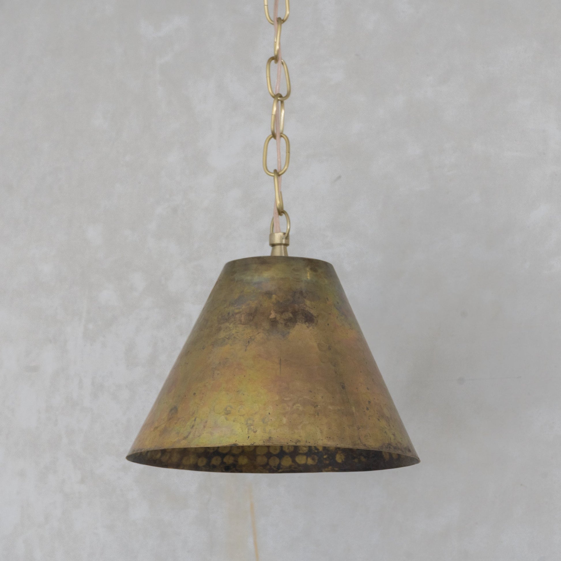 Aged Brass Cone Pendant Light - Industrial Hand - Hammered Tapered Lamp - Insideast