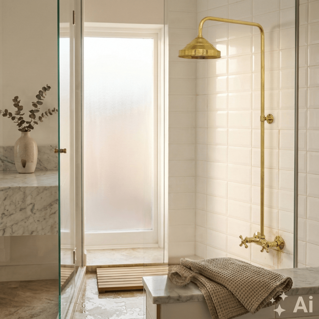 Antique Brass Shower in Bathroom