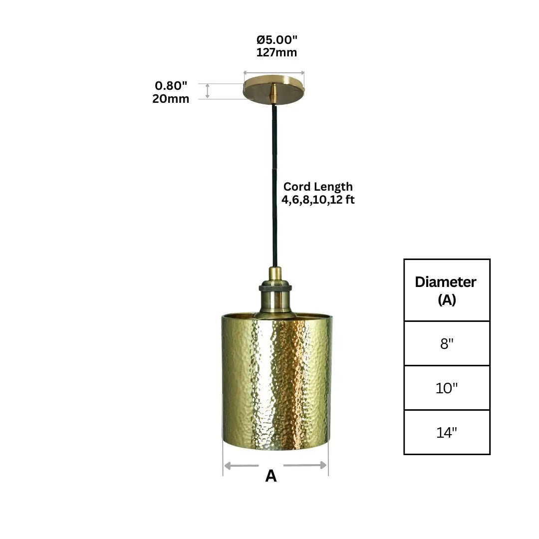 Brass Pendant Light, Hammered Brass Cylindric Pendant Light, Ceiling Light - Insideast