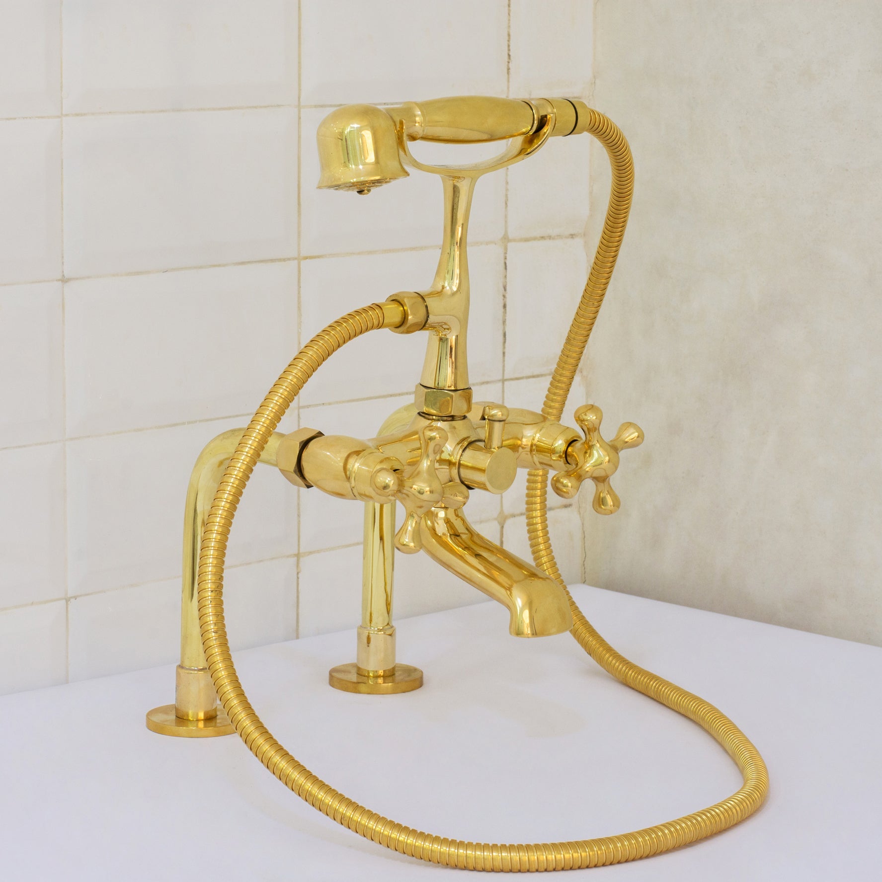 Brass Telephone Tub Filler With Handheld Shower, Deck Mount Tub Filler Handshower, Brass Tub Faucet, 3 - Handle Telephone Faucet - Insideast