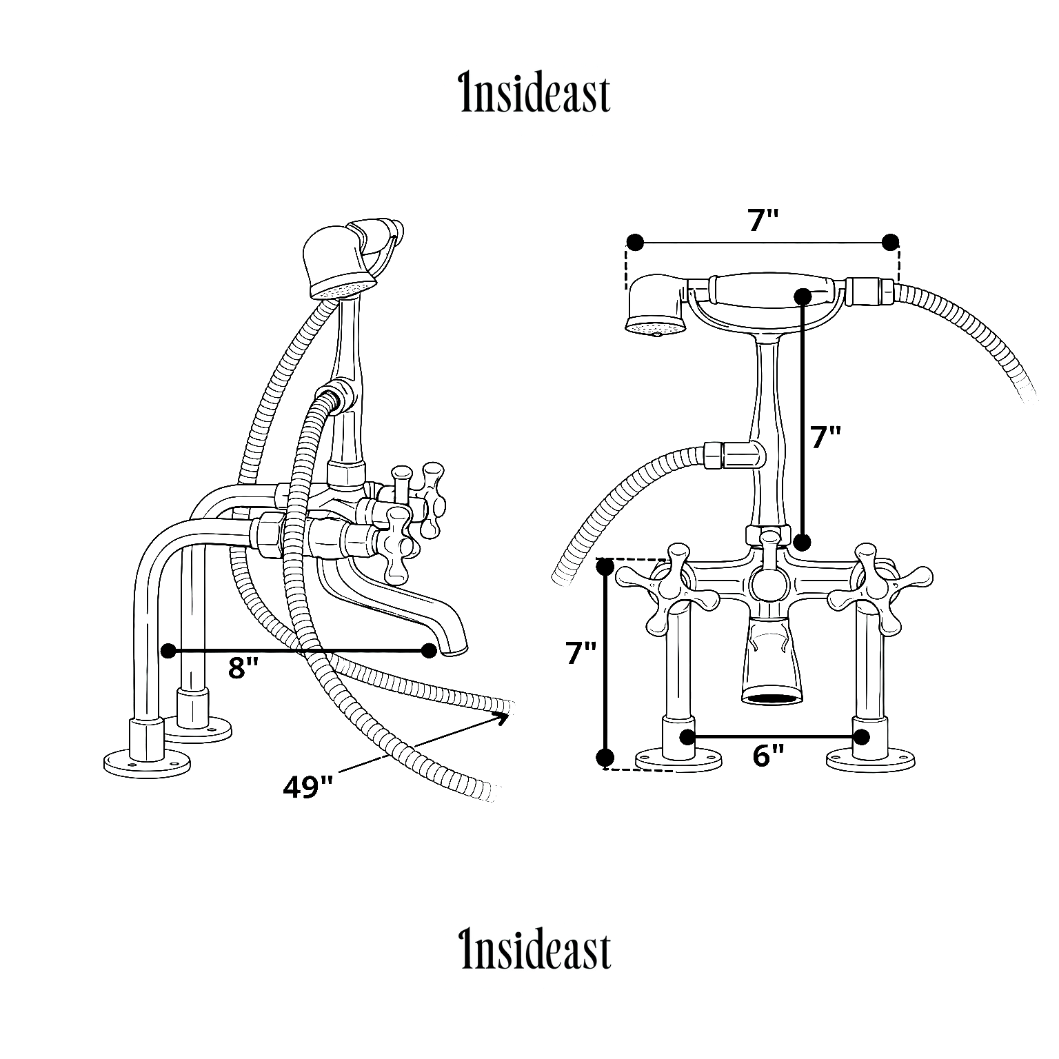 Brass Telephone Tub Filler With Handheld Shower, Deck Mount Tub Filler Handshower, Brass Tub Faucet, 3 - Handle Telephone Faucet - Insideast