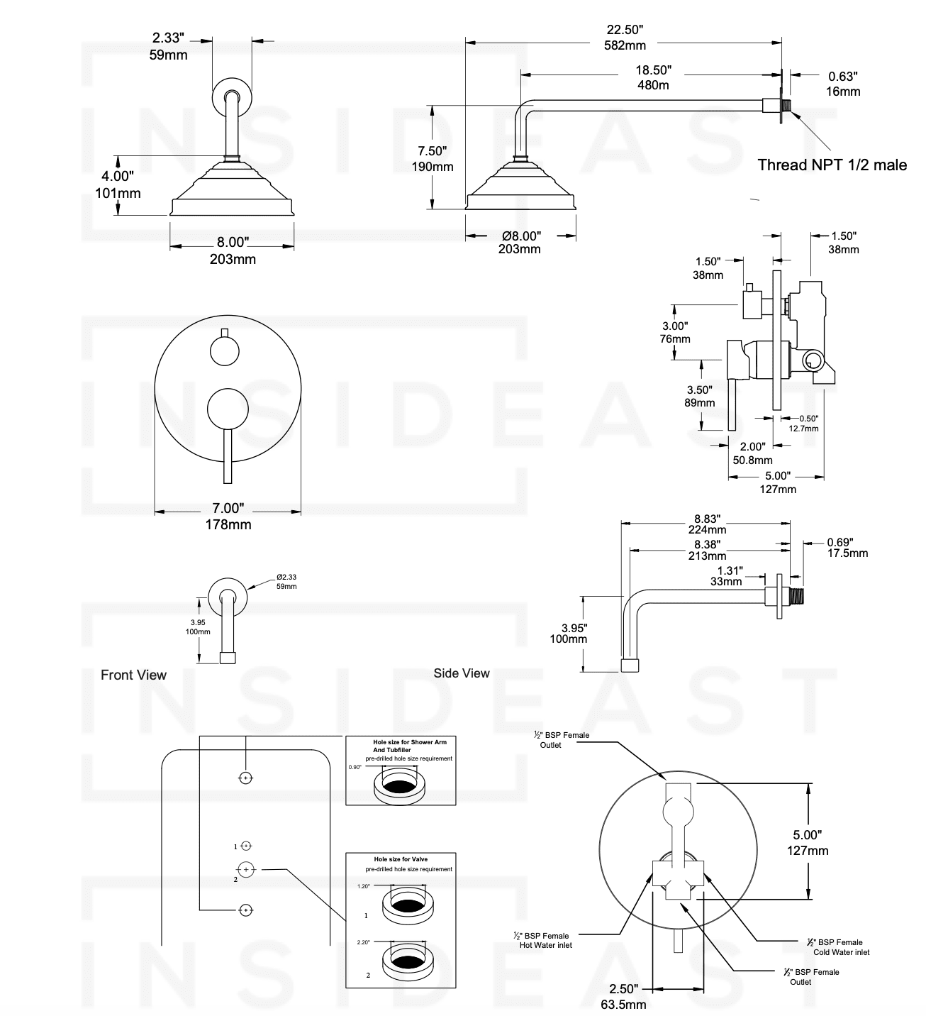 Built - in 2 outlet Brass Shower System - Head Shower System With Tub Filler - Insideast
