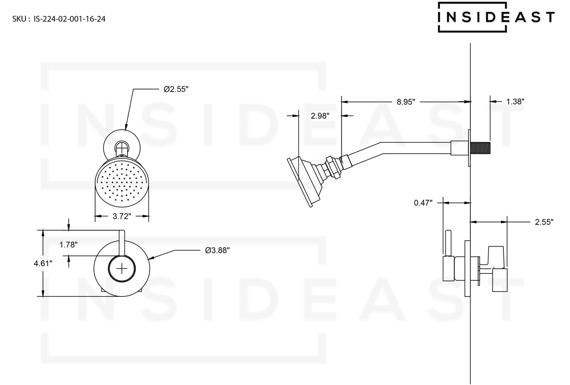 Built - in Solid Brass Shower, Unlacquered Brass Swiveling Showerhead, Rainfall Shower - Insideast