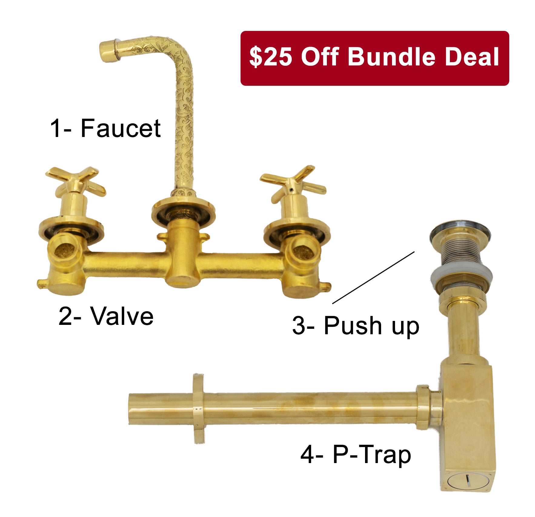 Engraved Solid Brass Built-in Faucet, Unlacquered Bathroom Sink Faucet