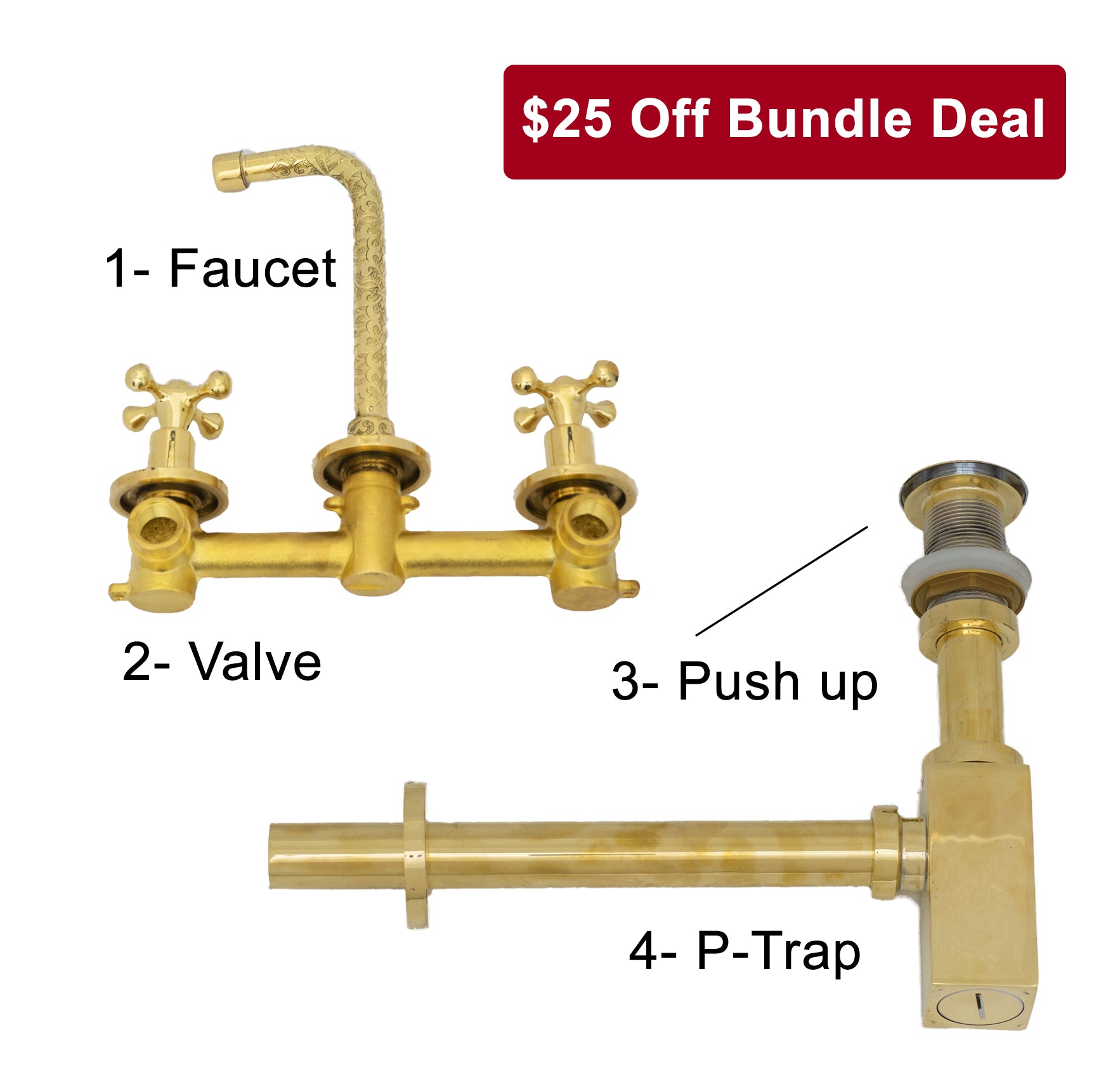 Engraved Solid Brass Built-in Faucet, Unlacquered Bathroom Sink Faucet