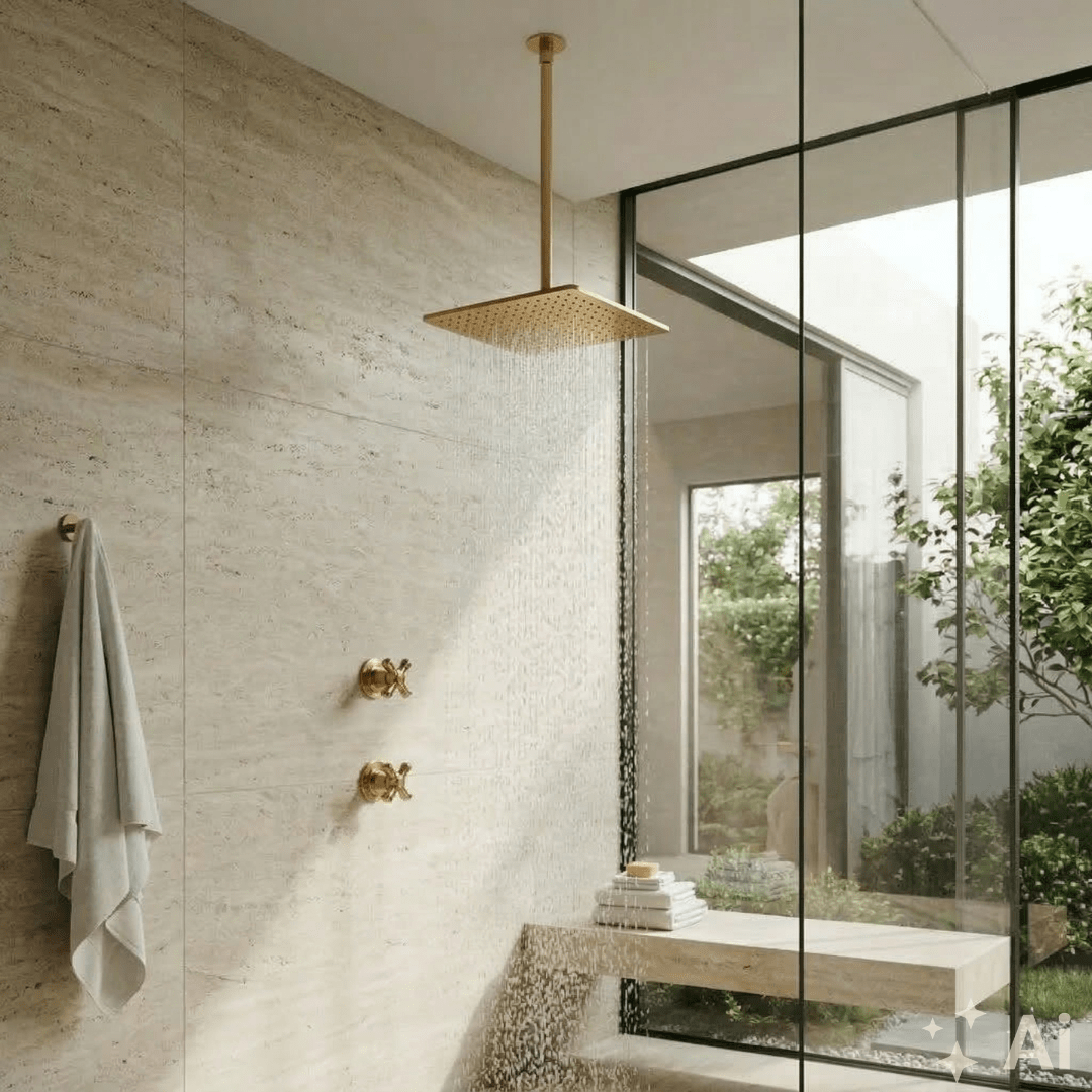 Brass ceiling-mount rainfall shower system with two handles