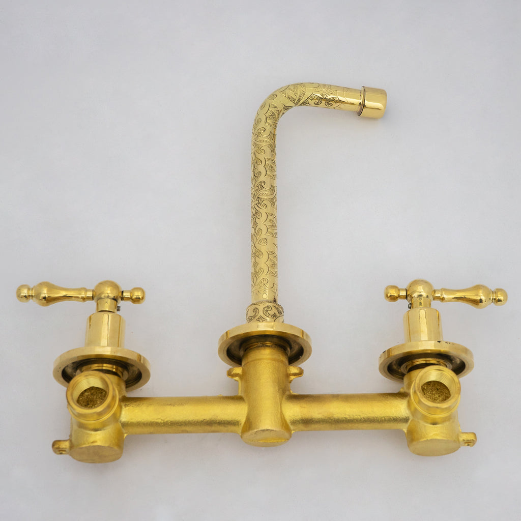 Engraved Solid Brass Built-in Faucet, Unlacquered Bathroom Sink Faucet