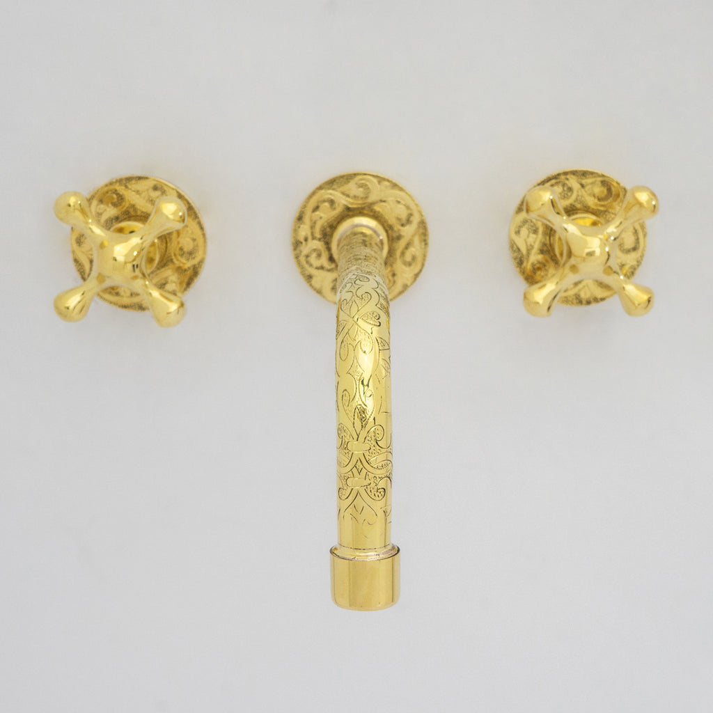 Engraved Solid Brass Built-in Faucet, Unlacquered Bathroom Sink Faucet