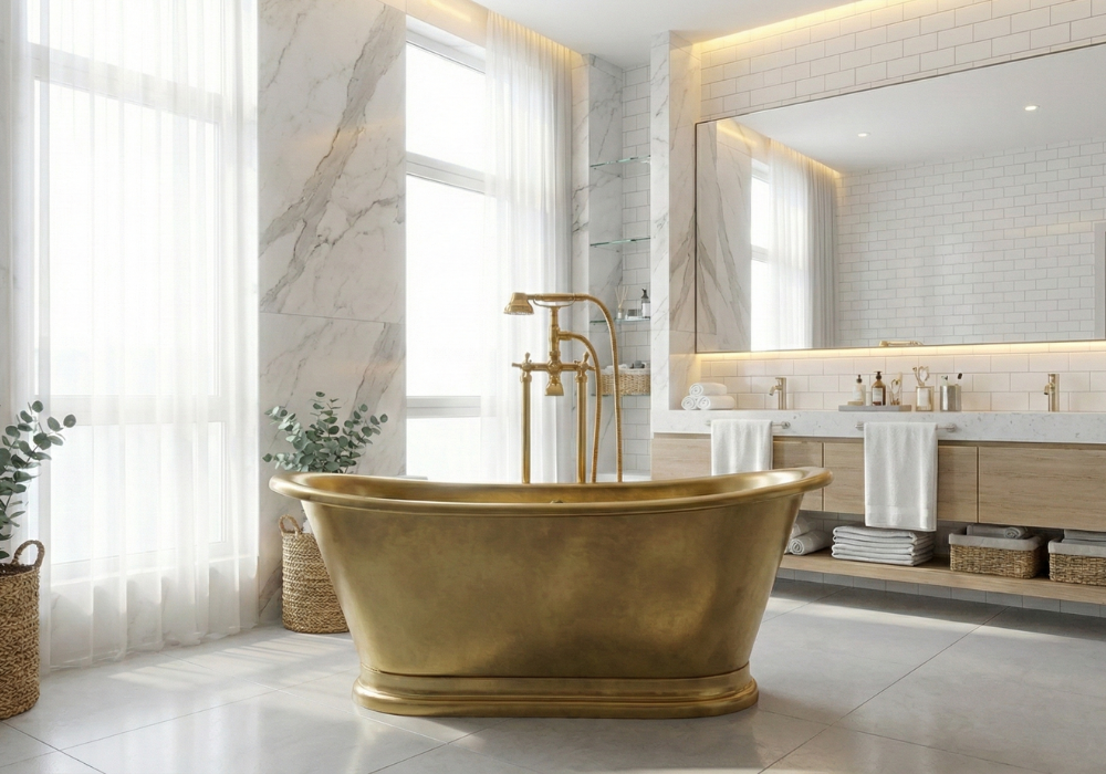 Unlacquered Brass Freestanding Tub Filler, Solid Brass Tub Faucet With Handheld, Floor Mount Bathtub Faucet