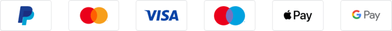 Logos of PayPal, Mastercard, Visa, Mastercard, Apple Pay, and Google Pay on a white background