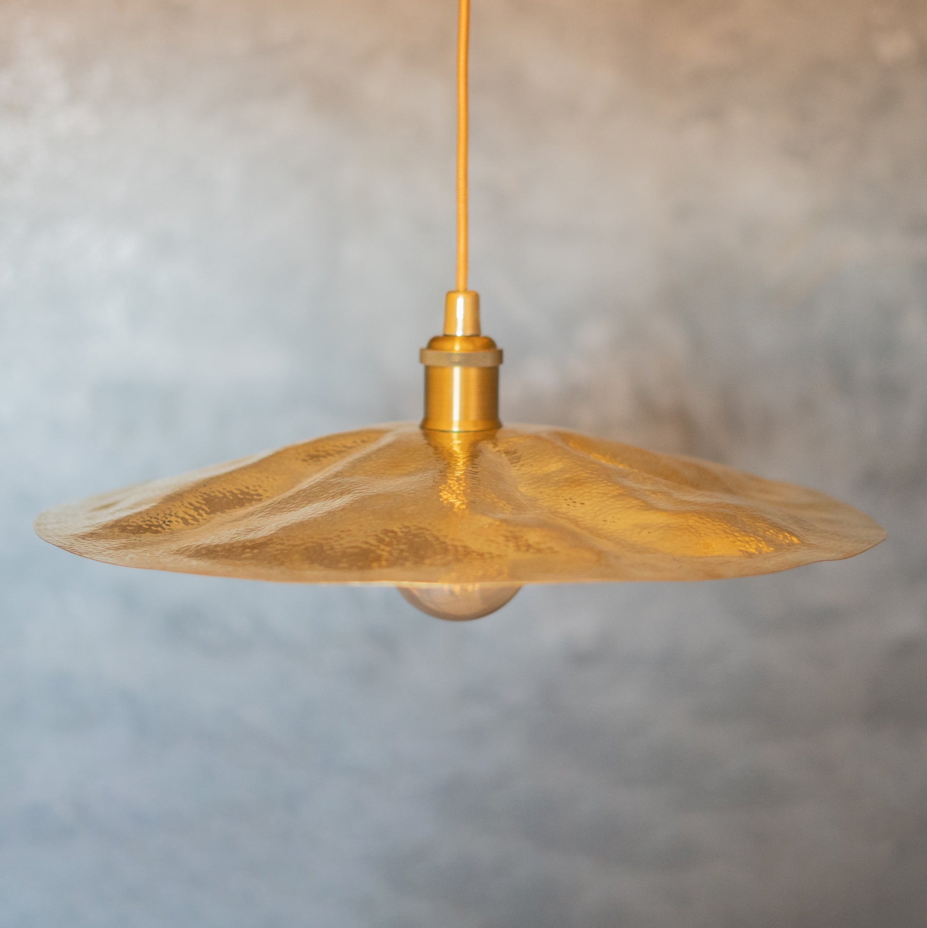 Hammered Brass Flat Disc Pendant Light, Brass Plate Lampshade, Flat Circle Shade - Insideast