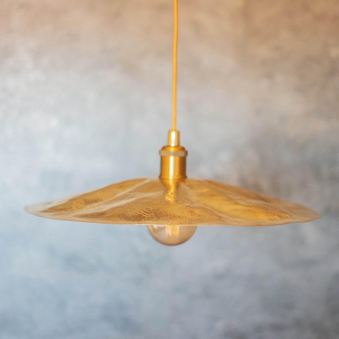 Hammered Brass Flat Disc Pendant Light, Brass Plate Lampshade, Flat Circle Shade - Insideast