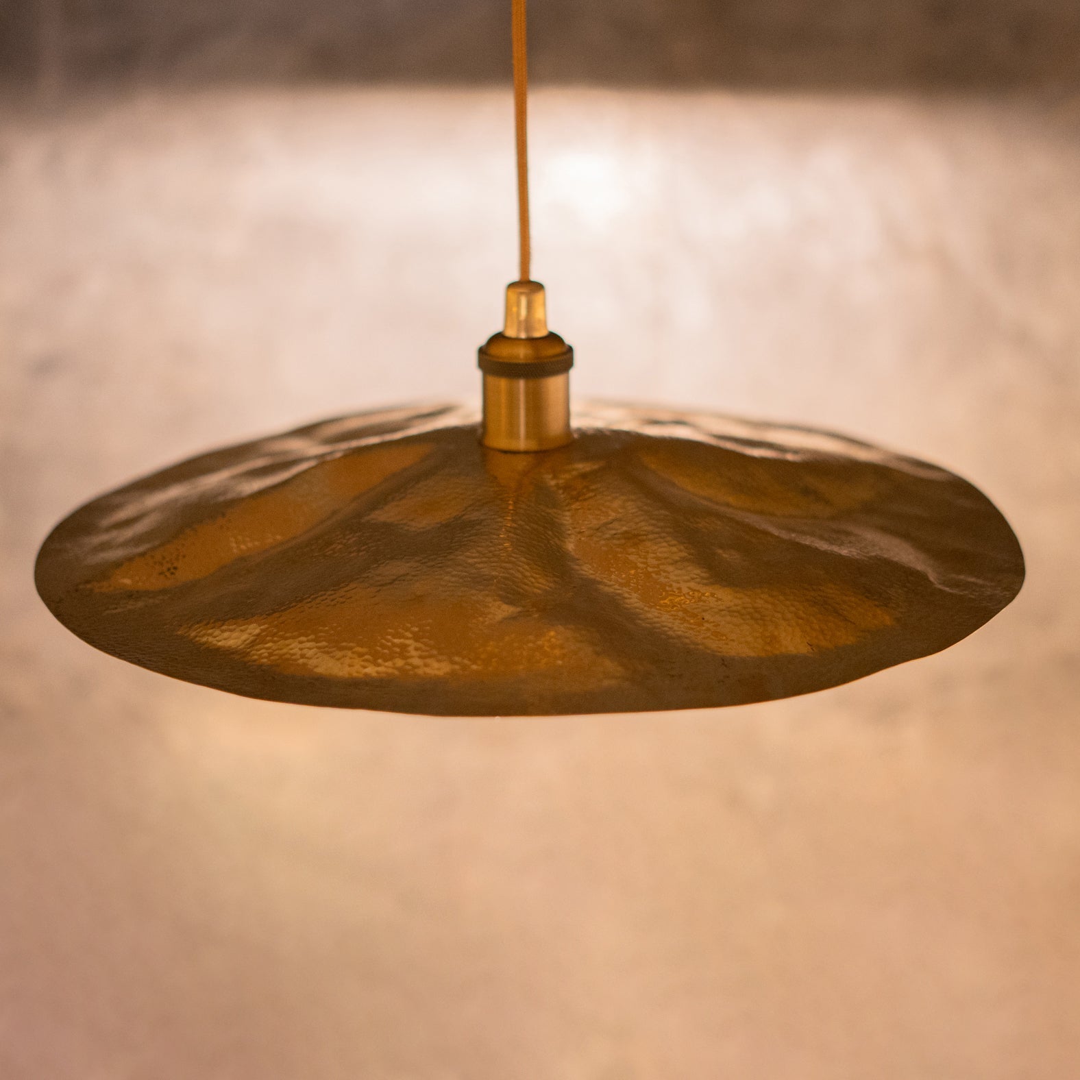 Hammered Brass Flat Disc Pendant Light, Brass Plate Lampshade, Flat Circle Shade - Insideast