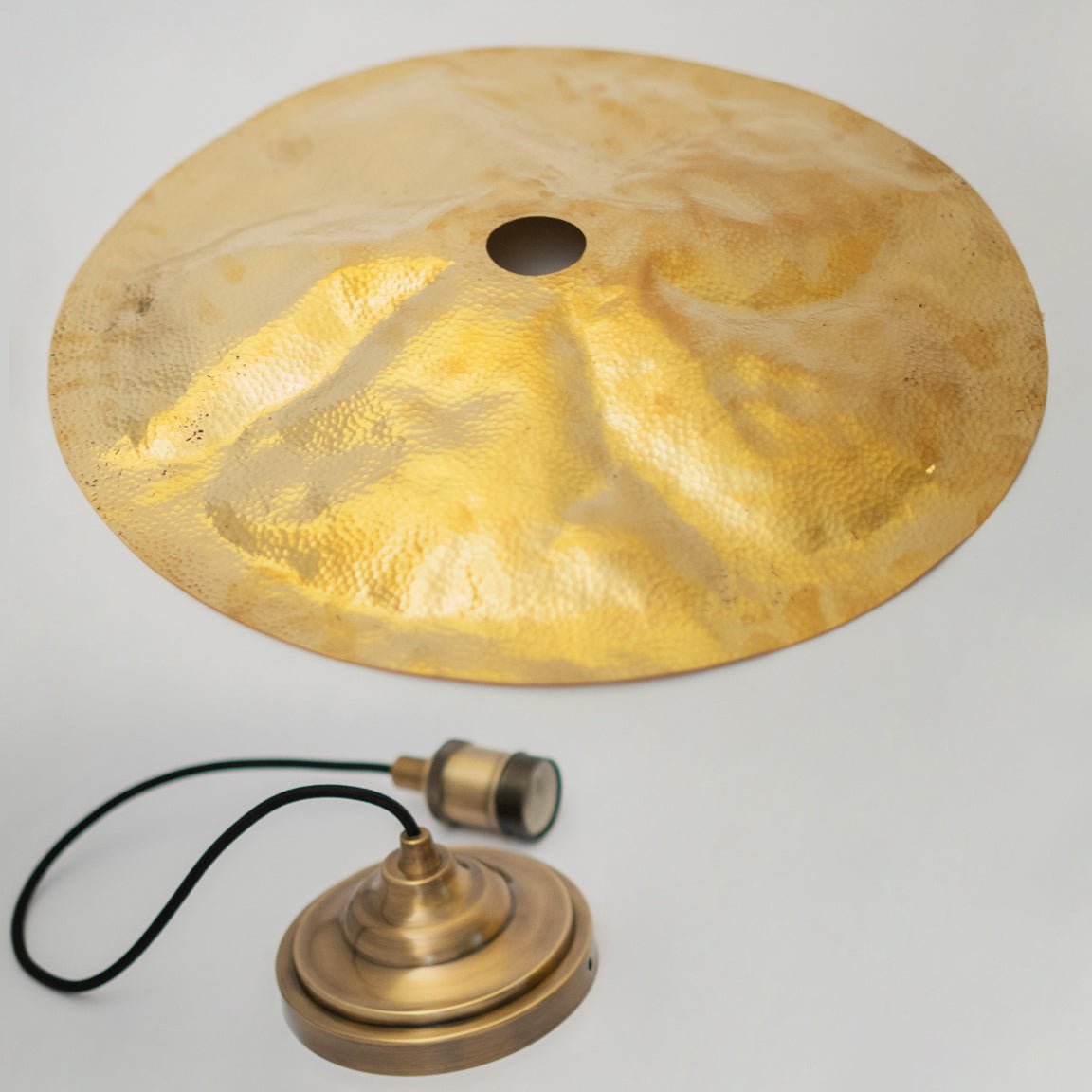 Hammered Brass Flat Disc Pendant Light, Brass Plate Lampshade, Flat Circle Shade - Insideast