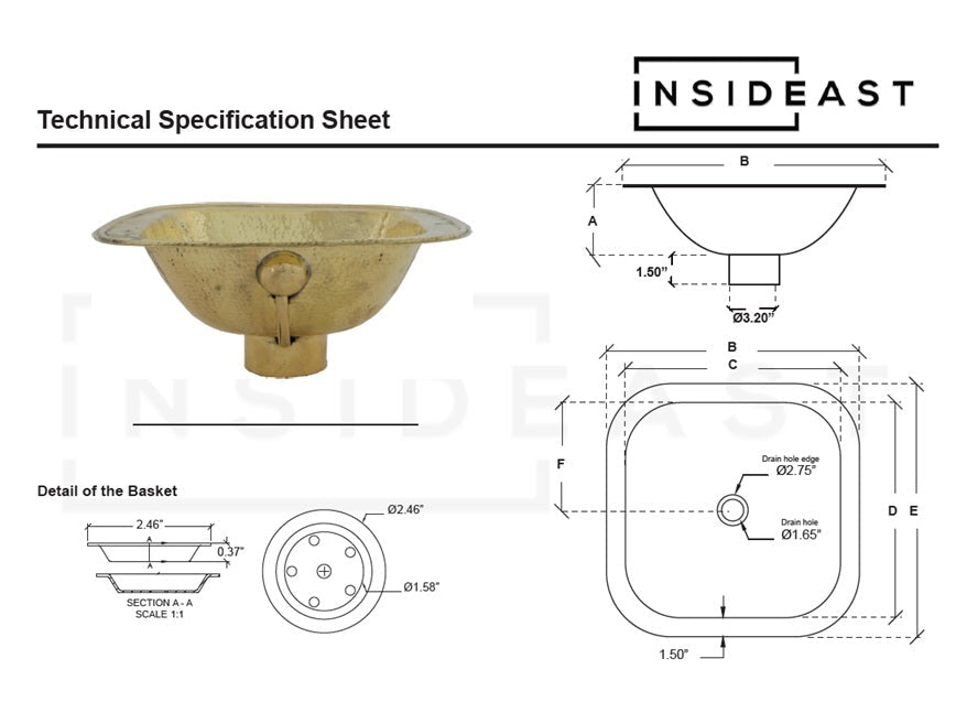 Hammered Brass Sink, Square Drop - in Brass Bathroom Sink, Hammered Antique Brass Sink - Insideast