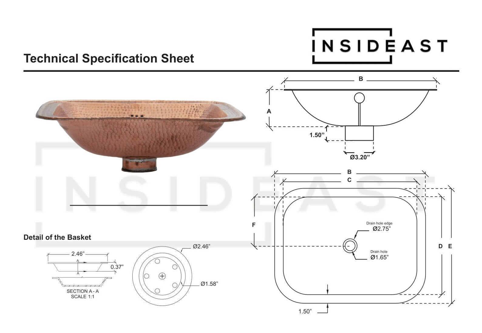 Hammered Copper Sink, Drop - in Brass Bathroom Sink, Antique Copper Sink, Bathroom Aged Copper sink - Insideast