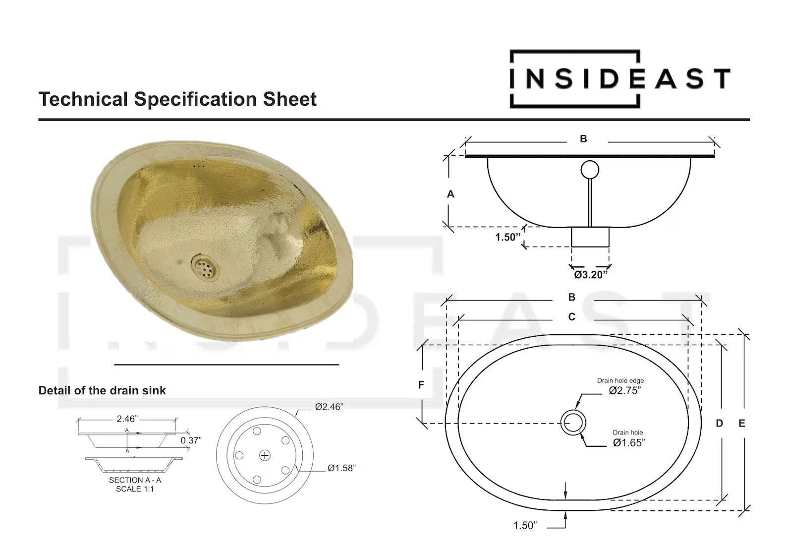 Hammered Oval Brass Sink – Drop - In Antique Brass Bathroom Sink | Aged Solid Brass Basin - Insideast