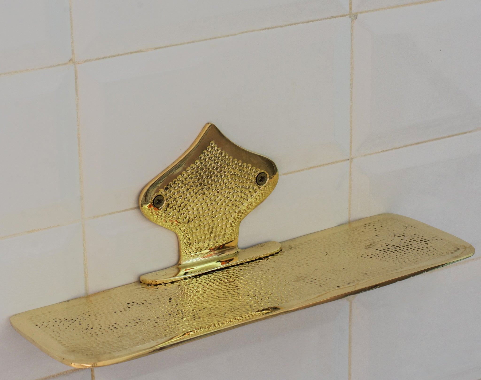 Hammered Solid Brass Floating Shelf, Bathroom Bottle Holder, Wall Mount Shelf Brass - Insideast