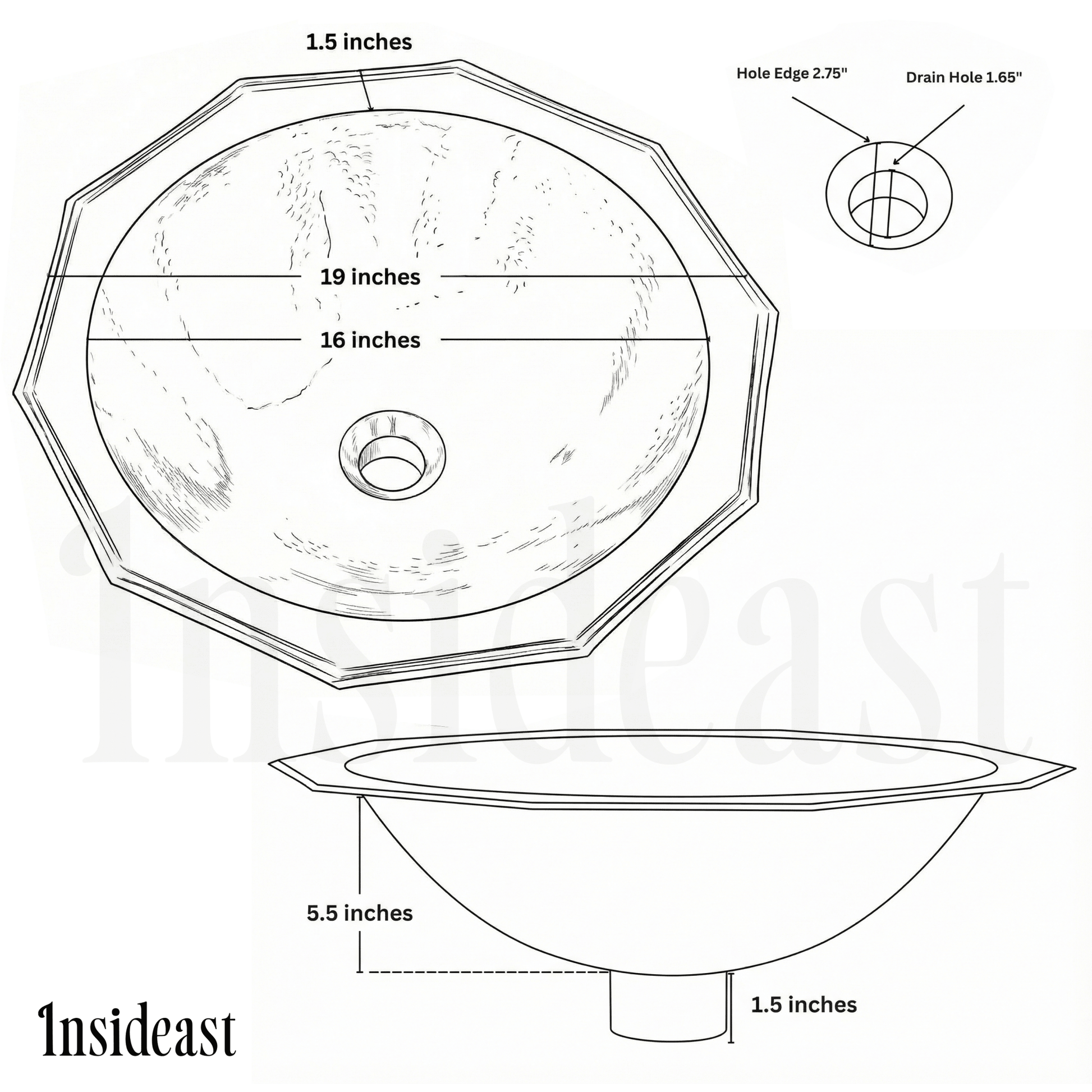 Handcrafted Decagon Solid Brass Hammered Sink | Drop - In - Insideast