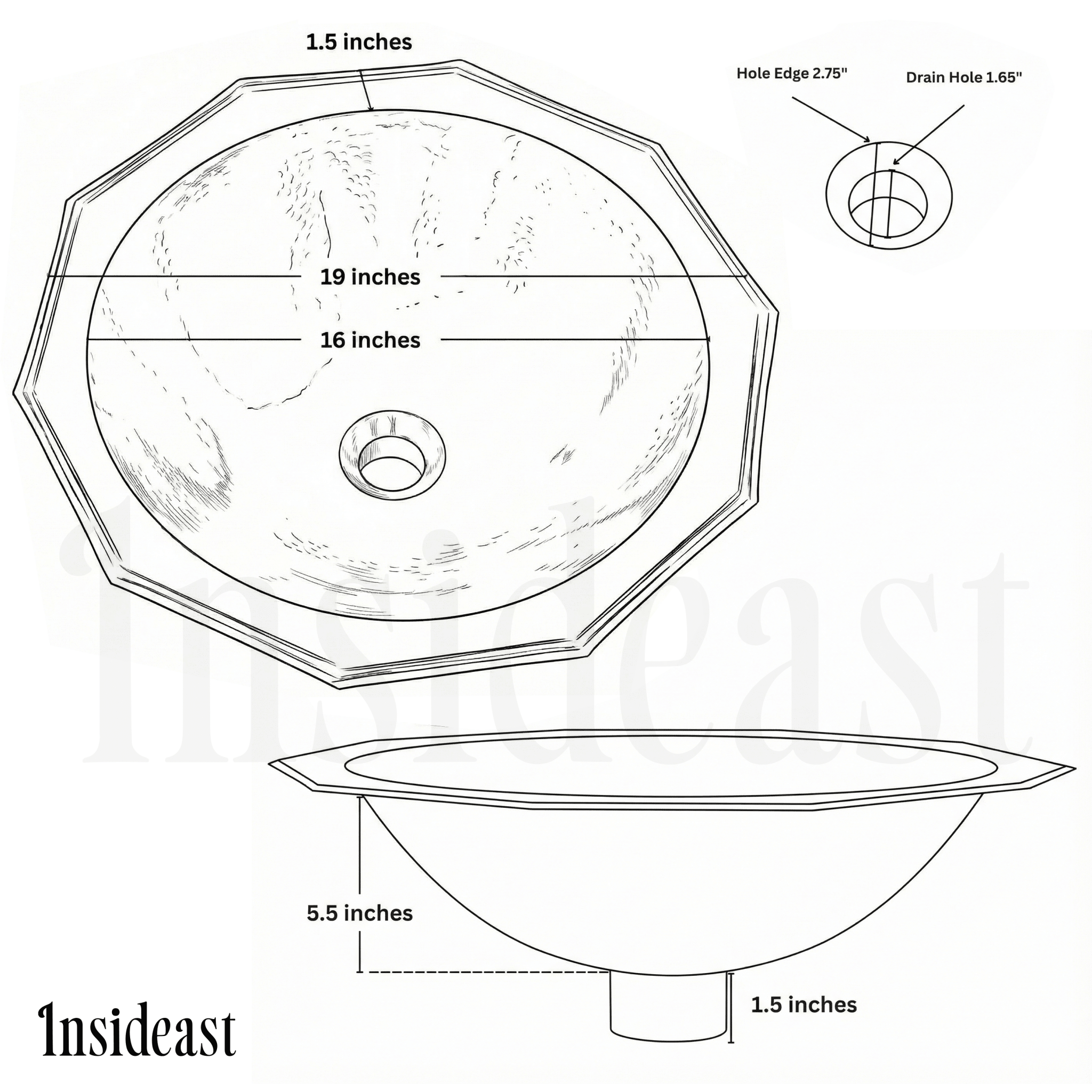 Handcrafted Decagon Solid Brass Hammered Sink | Drop - In - Insideast